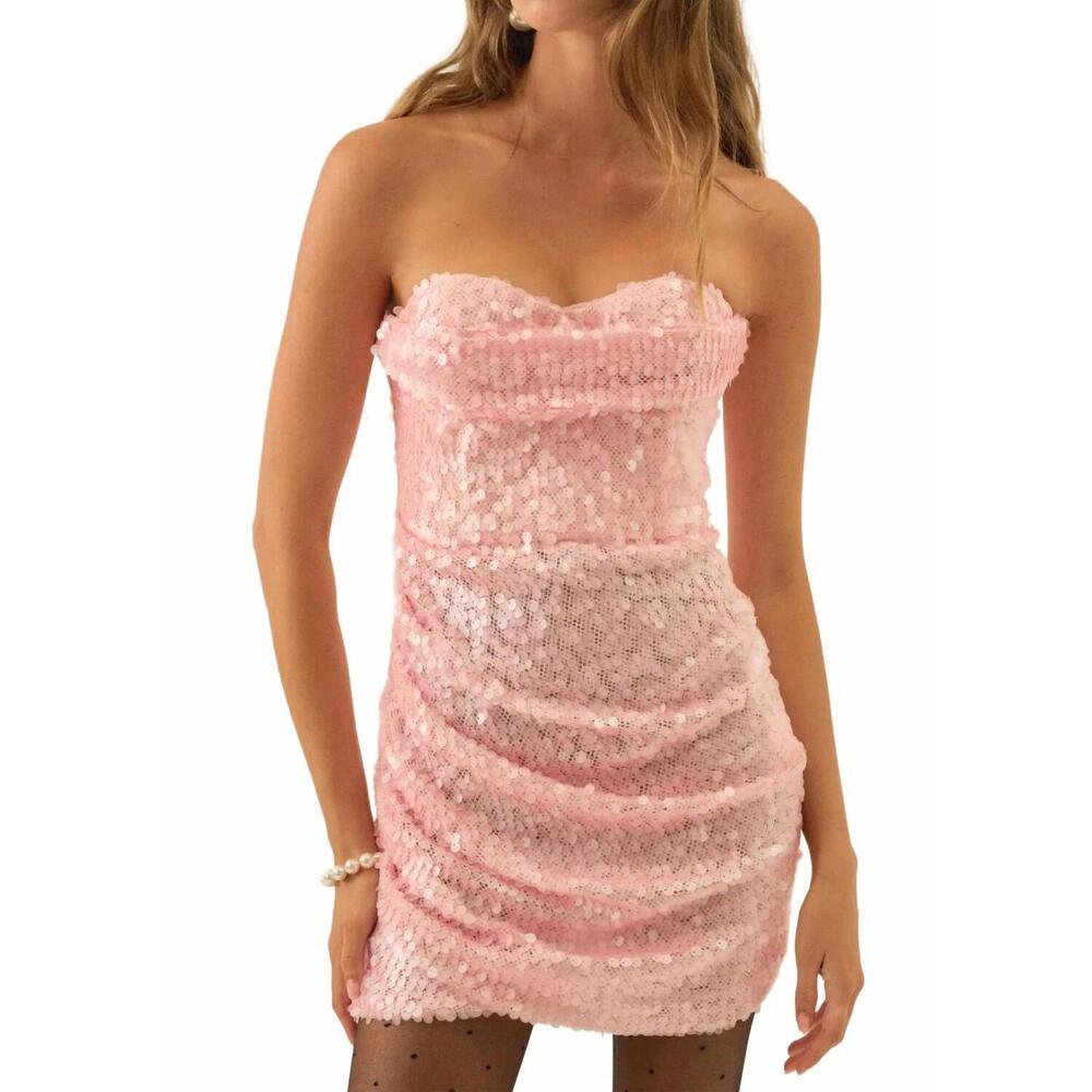NEW FOR LOVE & LEMONS elysian strapless sequin mini dress in pink - Picture 1 of 4